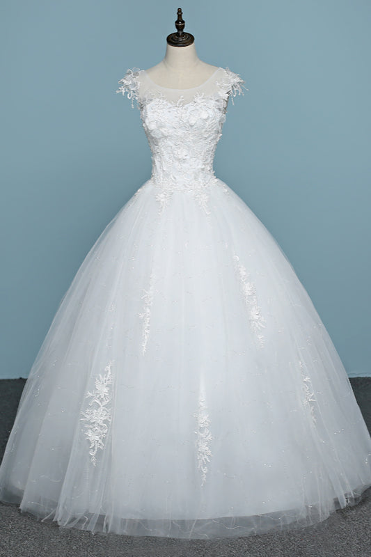 Chic Jewel Tulle Lace White Wedding Dress Sleeveless Appliques Bridal Gowns with Flowers Online