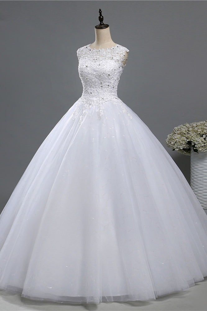 Chic Jewel Tulle Sequined Wedding Dress Sleeveless Appliques Beadings Bridal Gowns On Sale