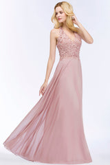 Chic Lace V-neck Pink Chiffon Bridesmaid Dress with Pearls