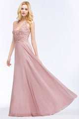 Chic Lace V-neck Pink Chiffon Bridesmaid Dress with Pearls