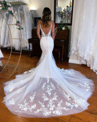 Chic Long Mermaid V-neck Sleeveless Lace Wedding Dress with Detailed Embellishments