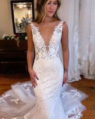 Chic Long Mermaid V-neck Sleeveless Lace Wedding Dress with Detailed Embellishments