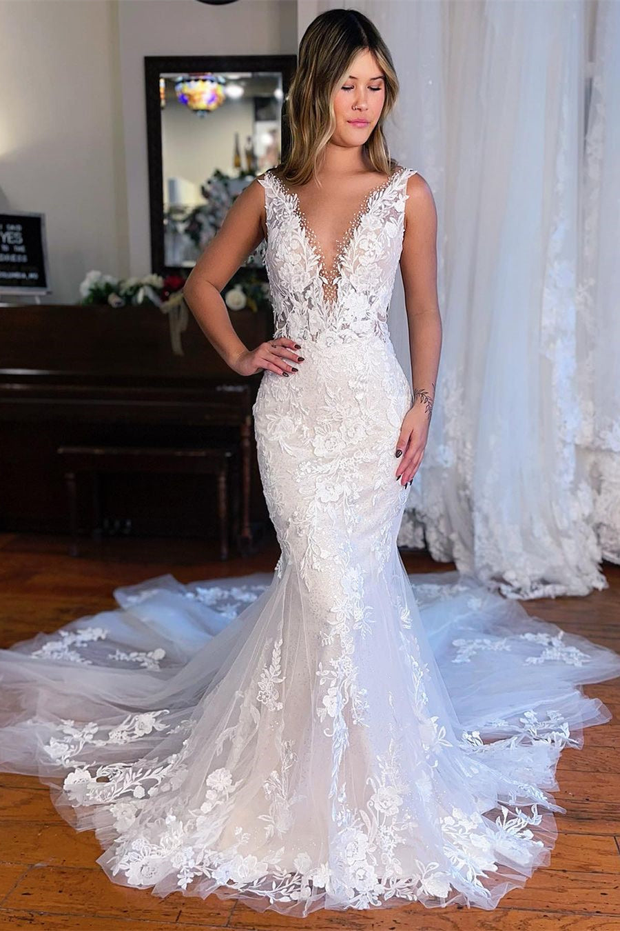 Chic Long Mermaid V-neck Sleeveless Lace Wedding Dress with Detailed Embellishments