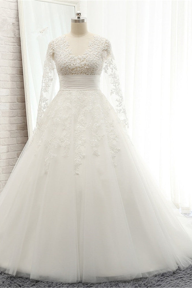 Chic Longsleeves Jewel A line Wedding Dresses White A line Tulle Bridal Gowns With Appliques Online