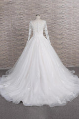 Chic Longsleeves Jewel Tulle Wedding Dresses A-line Bridal Gowns With Appliques Online