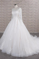 Chic Longsleeves Jewel Tulle Wedding Dresses A-line Bridal Gowns With Appliques Online