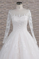 Chic Longsleeves Jewel Tulle Wedding Dresses A-line Bridal Gowns With Appliques Online