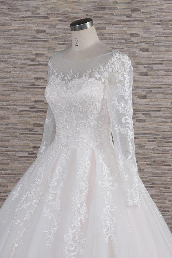 Chic Longsleeves Jewel Tulle Wedding Dresses A-line Bridal Gowns With Appliques Online