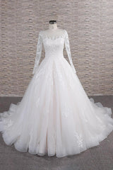 Chic Longsleeves Jewel Tulle Wedding Dresses A-line Bridal Gowns With Appliques Online