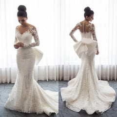 Chic Long Lace Mermaid Wedding Dress with Detachable Train and Long Sleeves