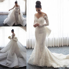 Chic Long Lace Mermaid Wedding Dress with Detachable Train and Long Sleeves