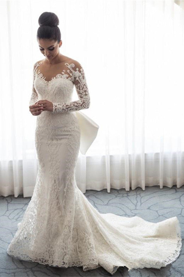 Chic Long Lace Mermaid Wedding Dress with Detachable Train and Long Sleeves