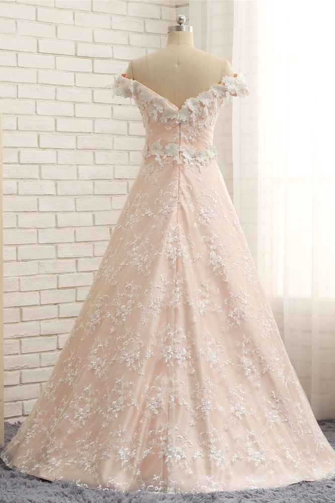 Chic Off-the-shoulder Pink A-line Wedding Dresses With Appliques V-neck Lace Bridal Gowns Online