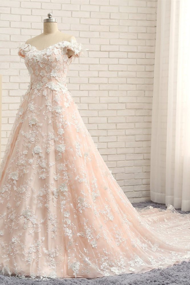 Chic Off-the-shoulder Pink A-line Wedding Dresses With Appliques V-neck Lace Bridal Gowns Online