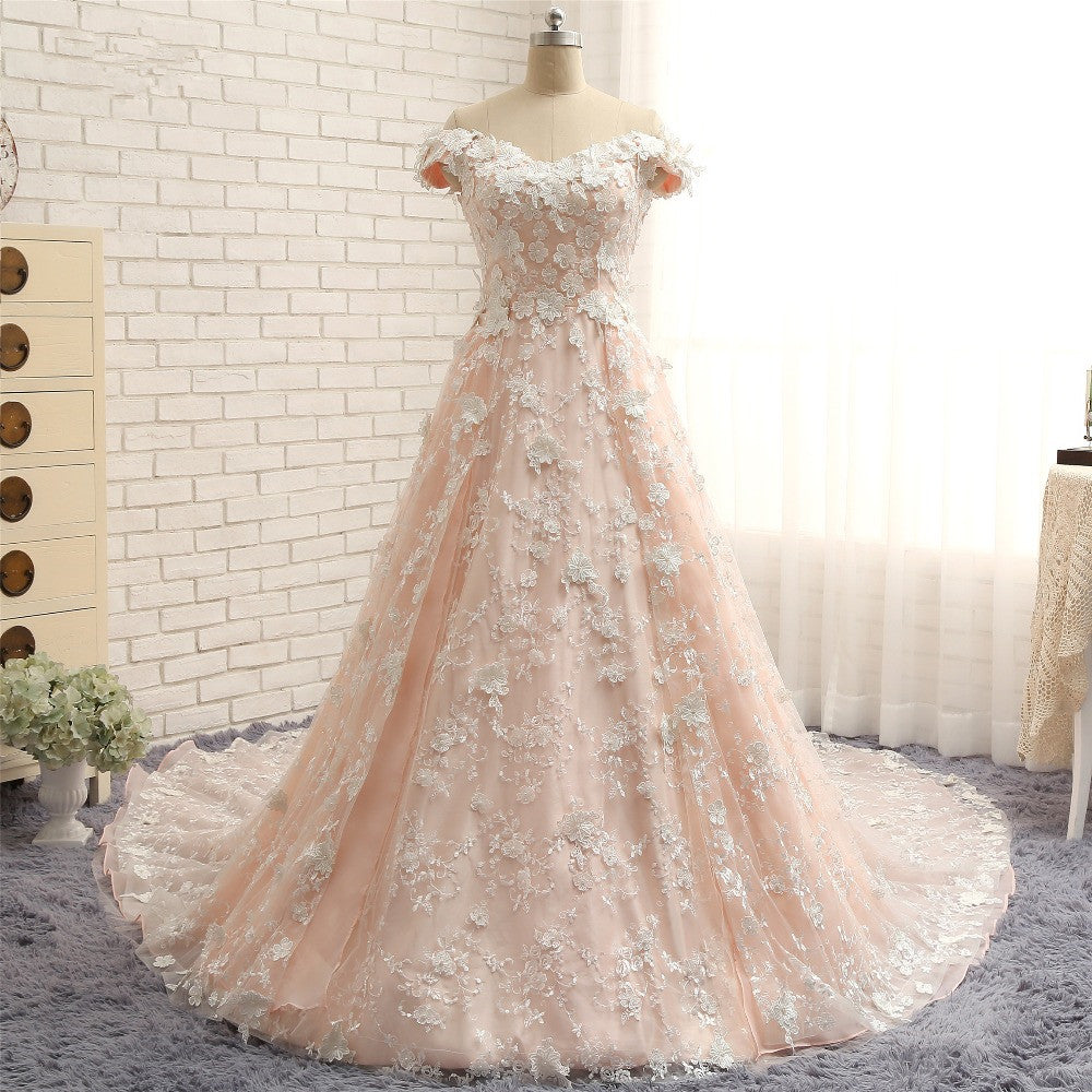 Chic Off-the-shoulder Pink A-line Wedding Dresses With Appliques V-neck Lace Bridal Gowns Online