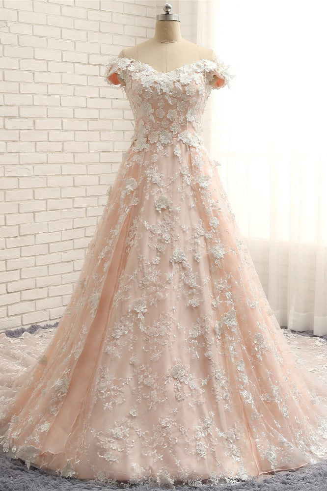 Chic Off-the-shoulder Pink A-line Wedding Dresses With Appliques V-neck Lace Bridal Gowns Online