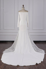 Chic Off-the-Shoulder Satin Wedding Dress Tulle Lace Bridal Gowns with Long Sleeves On Sale