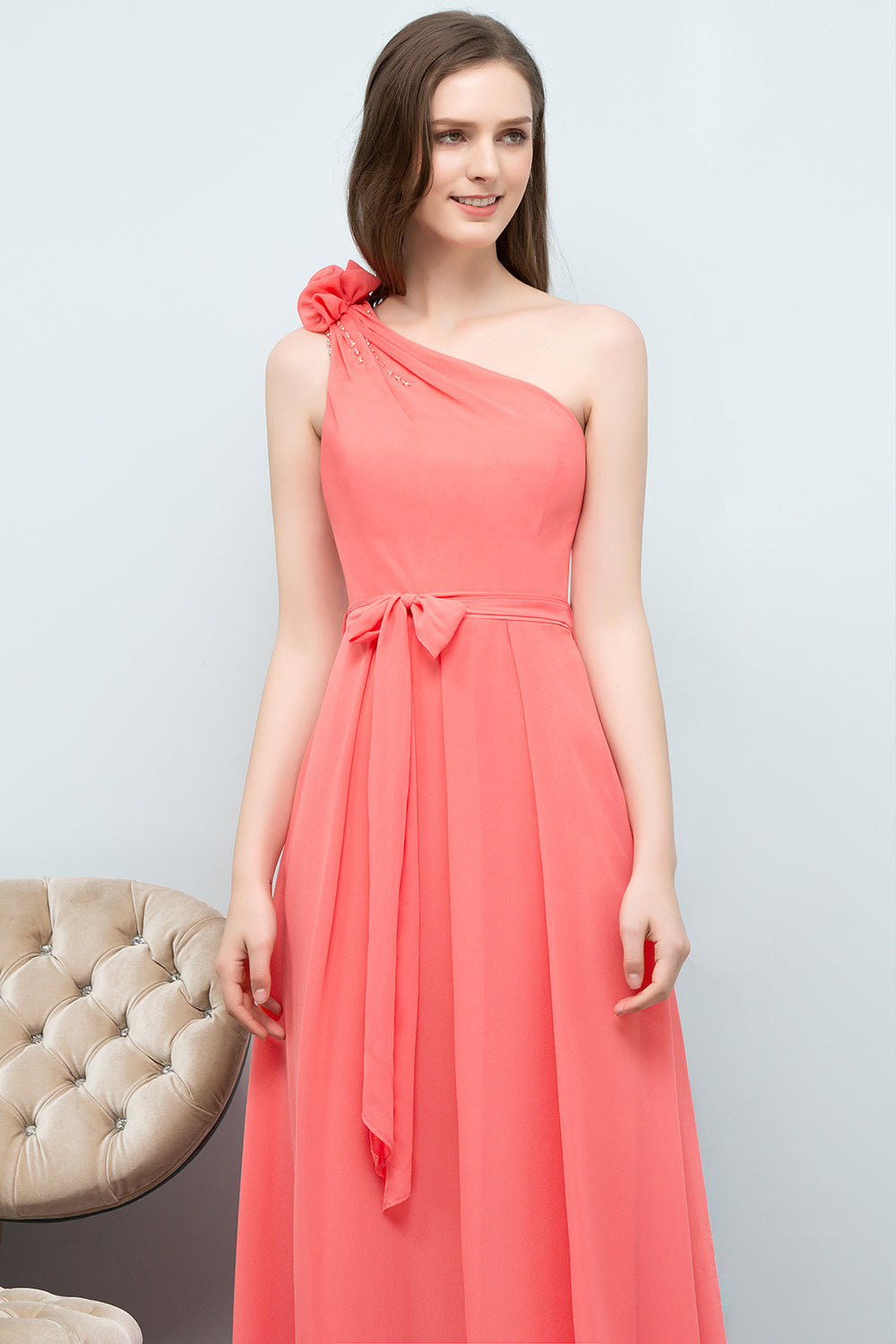 Chic One Shoulder Flower Long Bridesmaid Dresses with Bow Sash