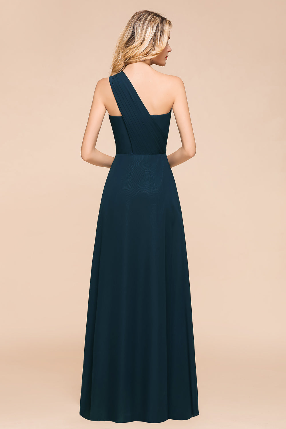 Chic One Shoulder Navy Chiffon Bridesmaid Dresses with Ruffle