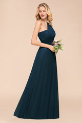 Chic One Shoulder Navy Chiffon Bridesmaid Dresses with Ruffle