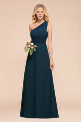 Chic One Shoulder Navy Chiffon Bridesmaid Dresses with Ruffle