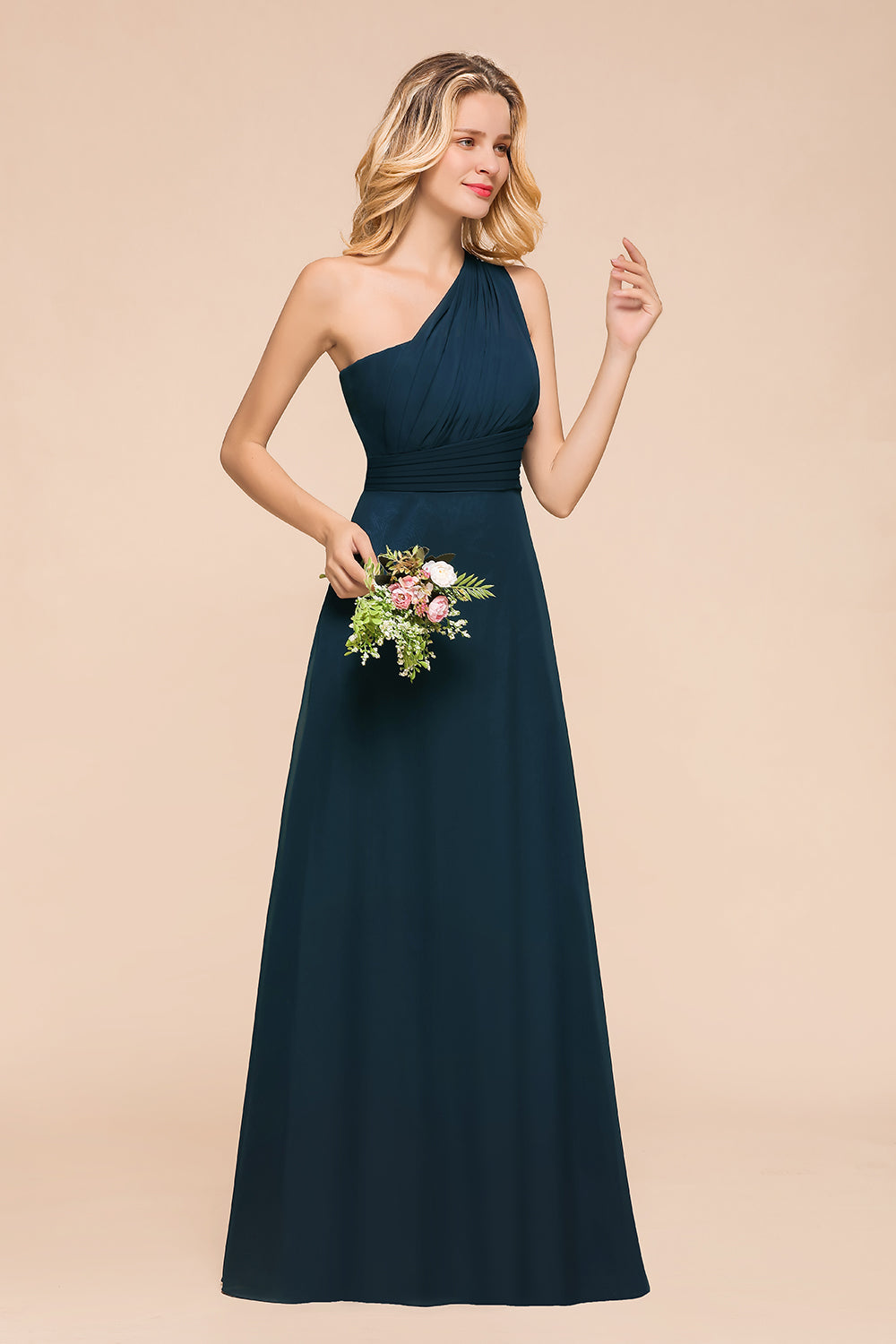 Chic One Shoulder Navy Chiffon Bridesmaid Dresses with Ruffle