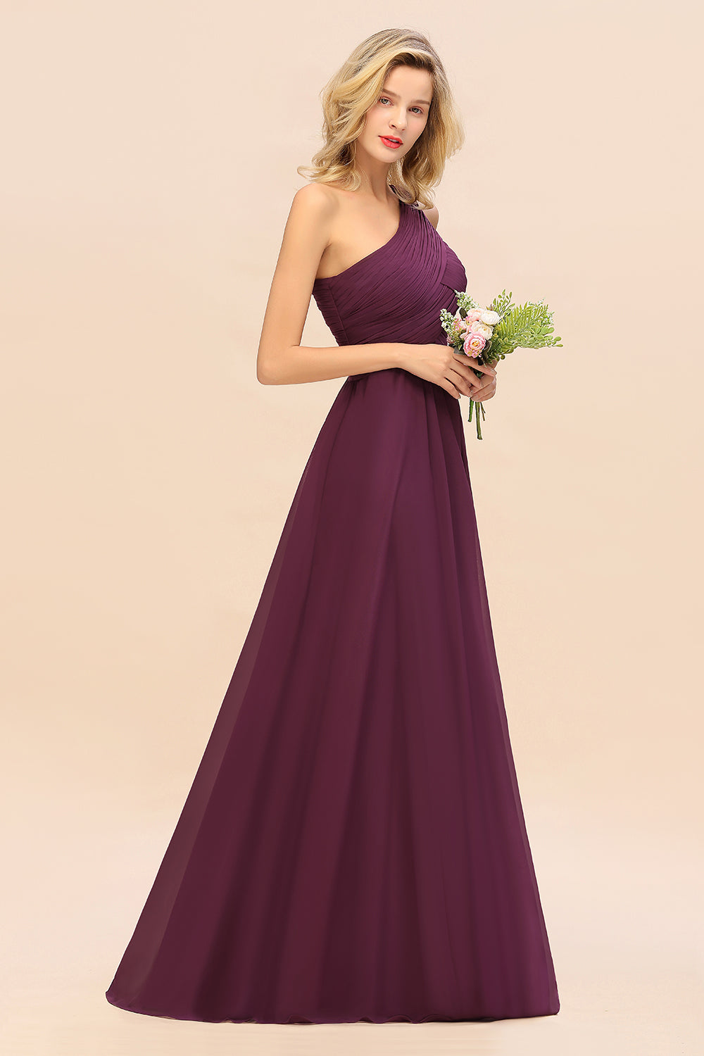 Chic One Shoulder Ruffle Grape Chiffon Bridesmaid Dresses Online