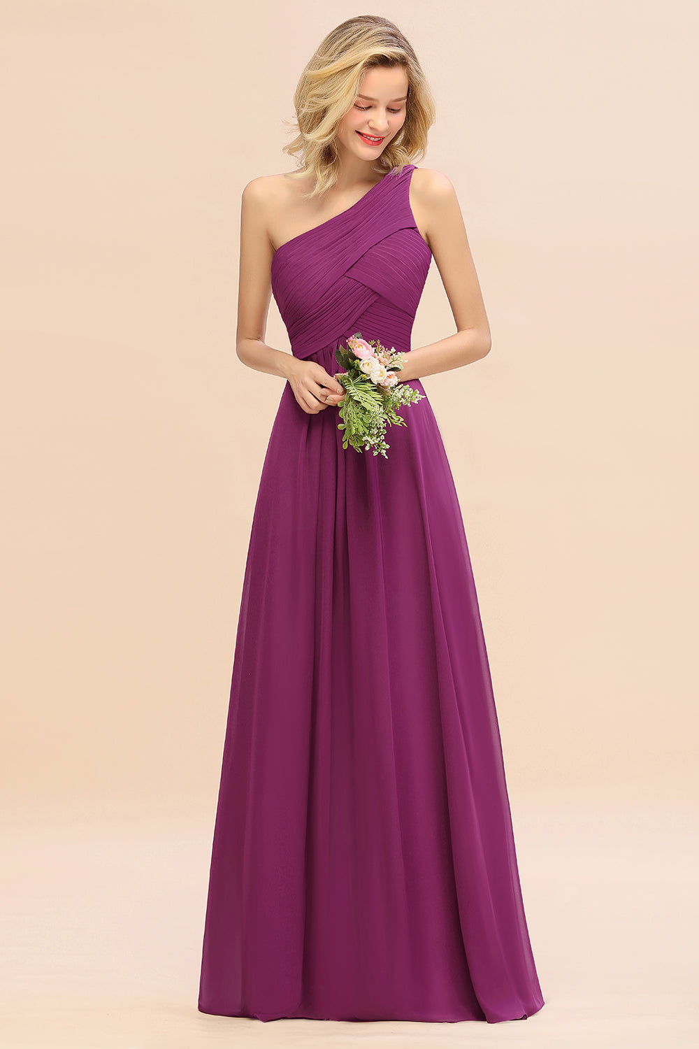 Chic One Shoulder Ruffle Grape Chiffon Bridesmaid Dresses Online