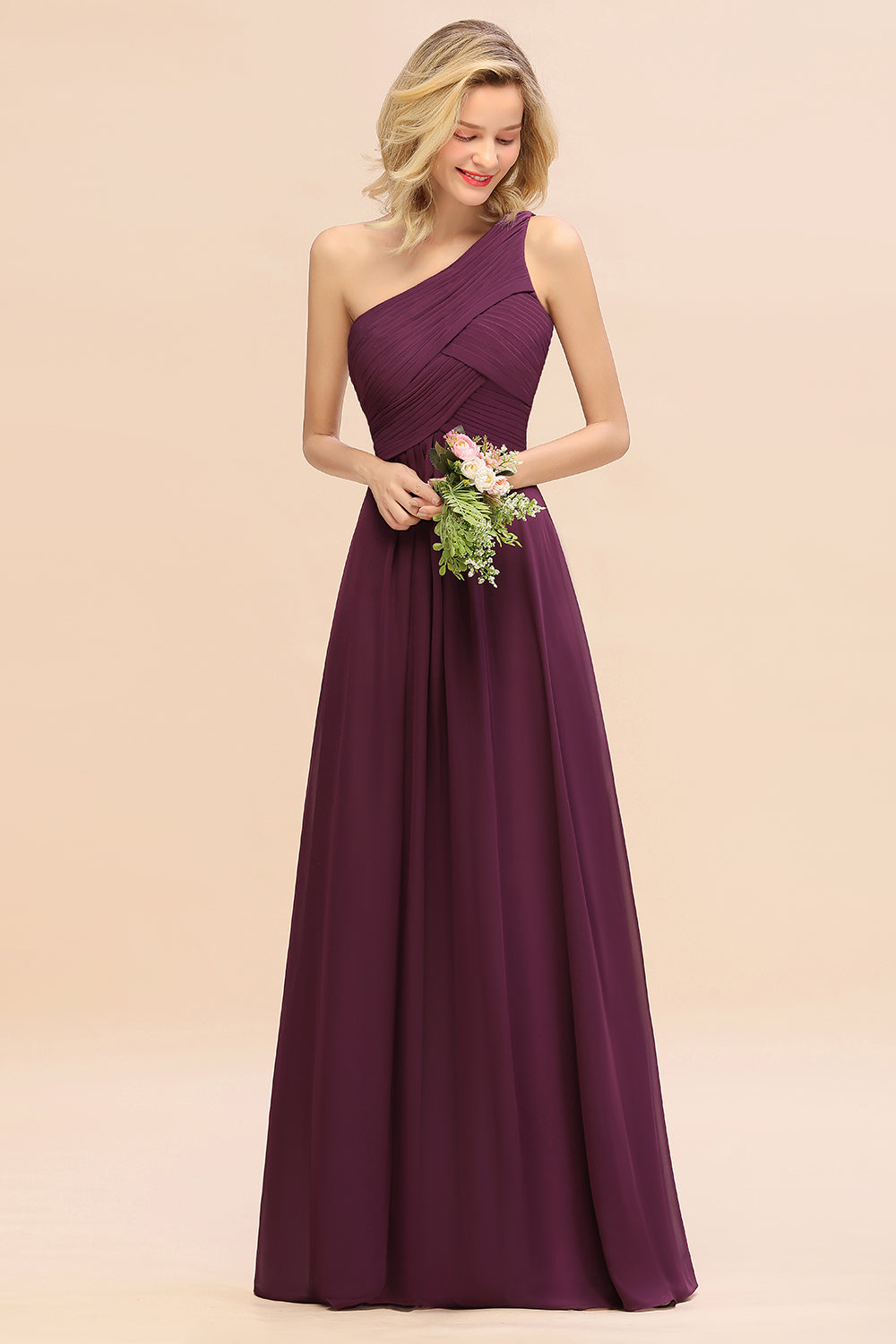 Chic One Shoulder Ruffle Grape Chiffon Bridesmaid Dresses Online