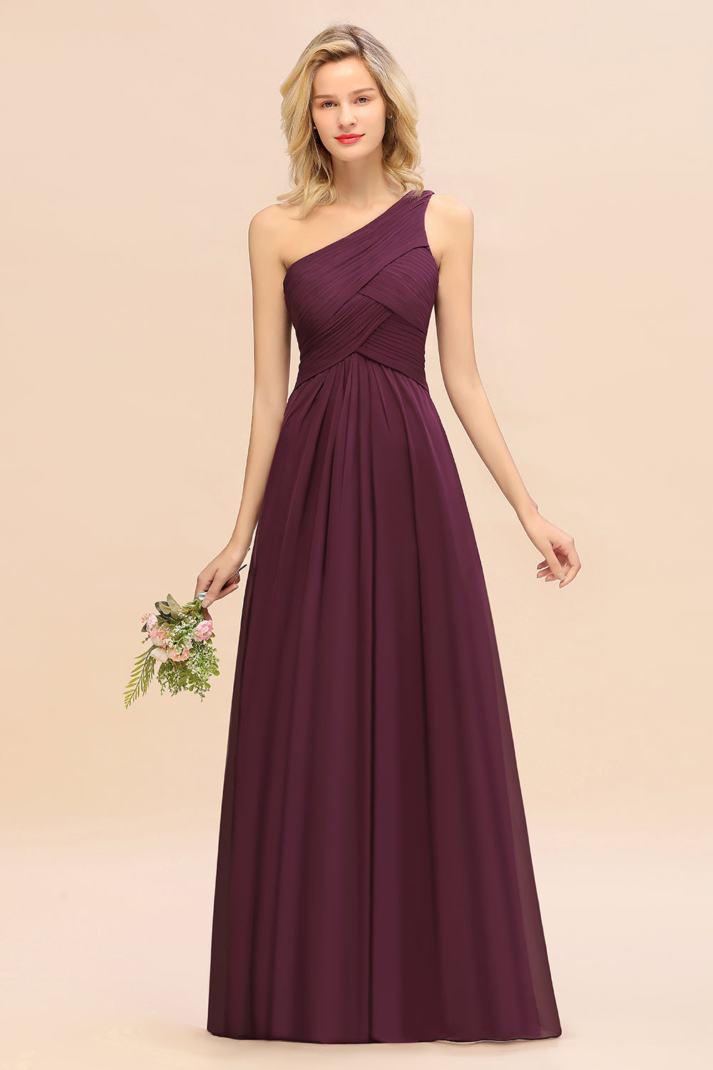 Chic One Shoulder Ruffle Grape Chiffon Bridesmaid Dresses Online