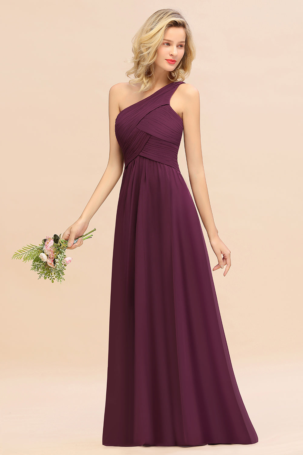 Chic One Shoulder Ruffle Grape Chiffon Bridesmaid Dresses Online