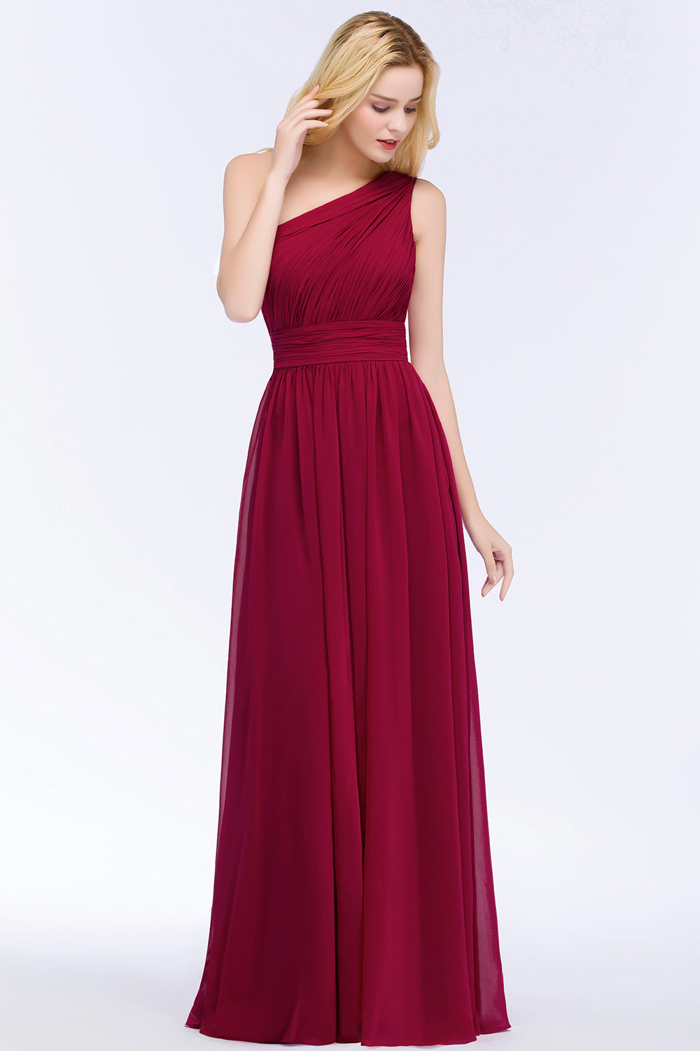 Chic One-shoulder Sleeveless Burgundy Chiffon Bridesmaid Dresses Online