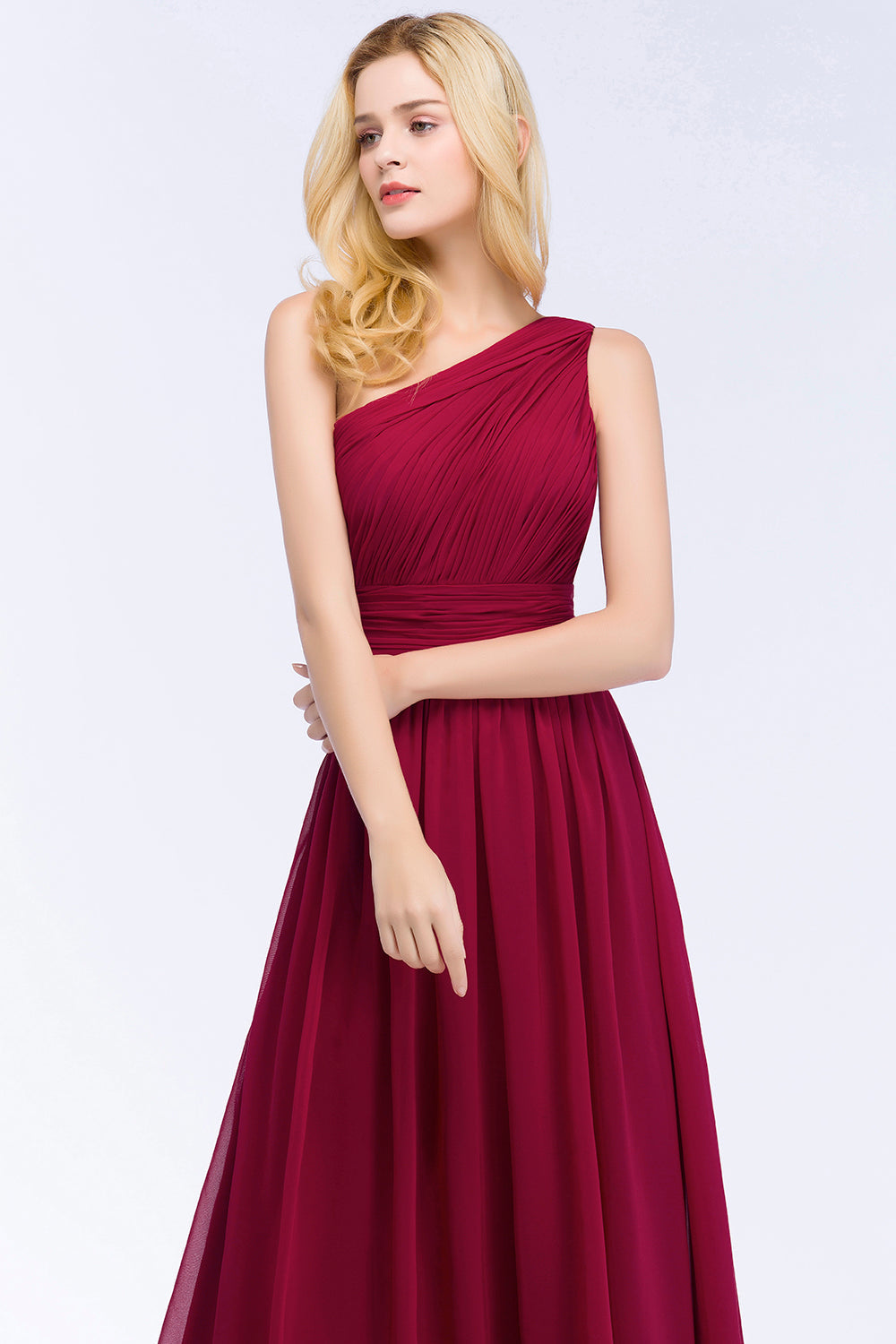 Chic One-shoulder Sleeveless Burgundy Chiffon Bridesmaid Dresses Online