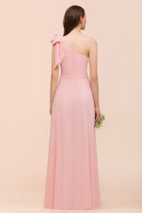 Chic One Shoulder Sleeveless Pink Chiffon Bridesmaid Dress with Bow