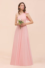 Chic One Shoulder Sleeveless Pink Chiffon Bridesmaid Dress with Bow