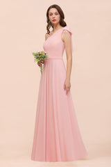 Chic One Shoulder Sleeveless Pink Chiffon Bridesmaid Dress with Bow