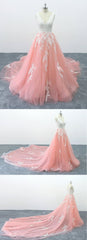 Chic Peach Pink Tulle Lace Wedding Dress Cathedral Train Bridal Gowns On Sale