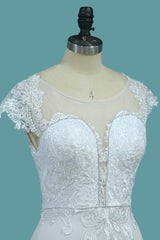 Chic Satin Jewel Lace Wedding Dress Cap Sleeves Beadings Mermaid Bridal Gowns On Sale