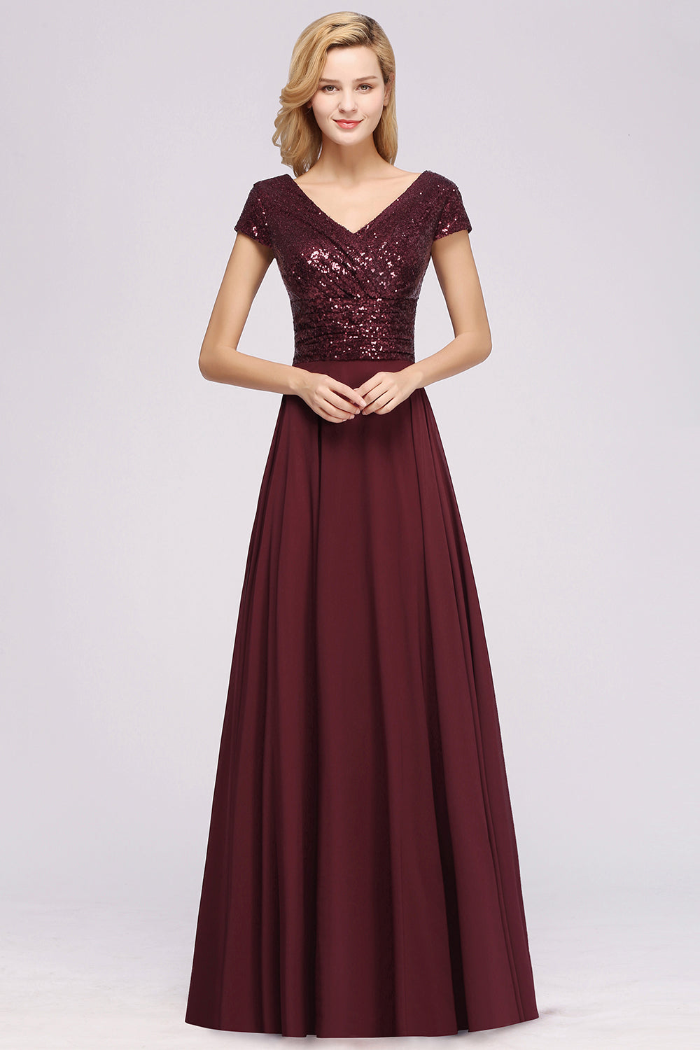 Chic Sequined Top V-Neck Sleeveless Burgundy Bridesmaid Dresses Online