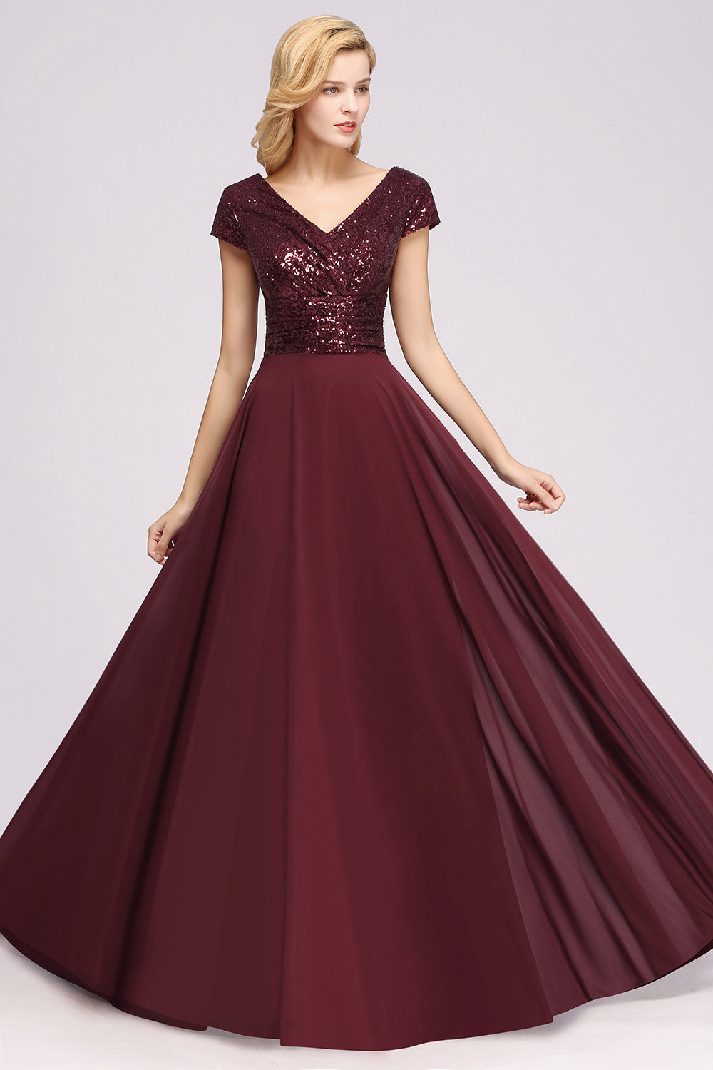 Chic Sequined Top V-Neck Sleeveless Burgundy Bridesmaid Dresses Online