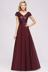 Chic Sequined Top V-Neck Sleeveless Burgundy Bridesmaid Dresses Online