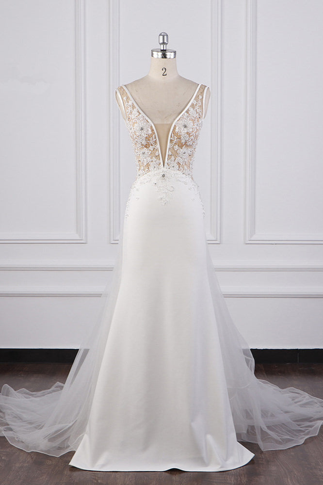 Chic Sheath White Satin V-neck Wedding Dress Tulle Lace Appliques Bridal Gowns Online