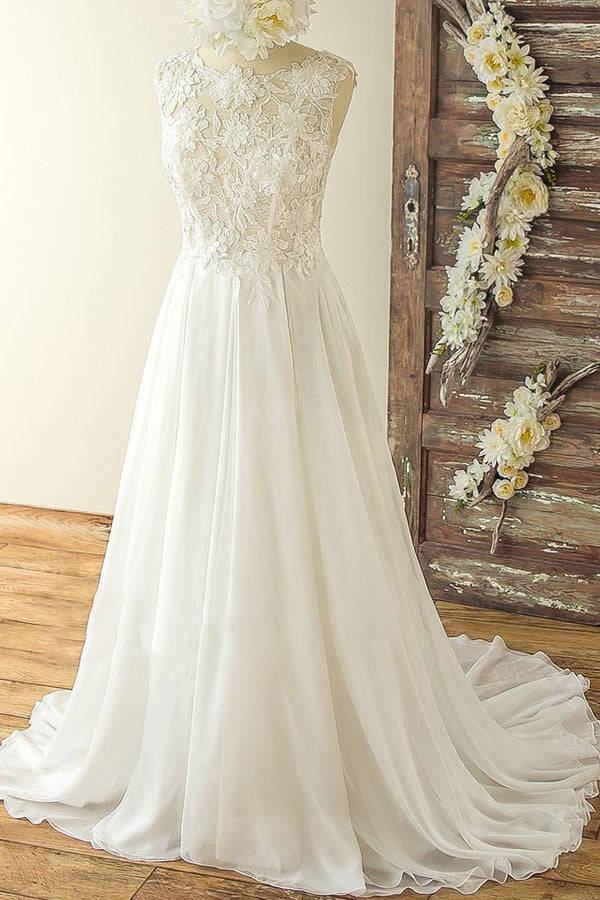 Chic Sleeveless Jewel Appliques Wedding Dresses A-line Chiffon Ruffles Bridal Gowns On Sale