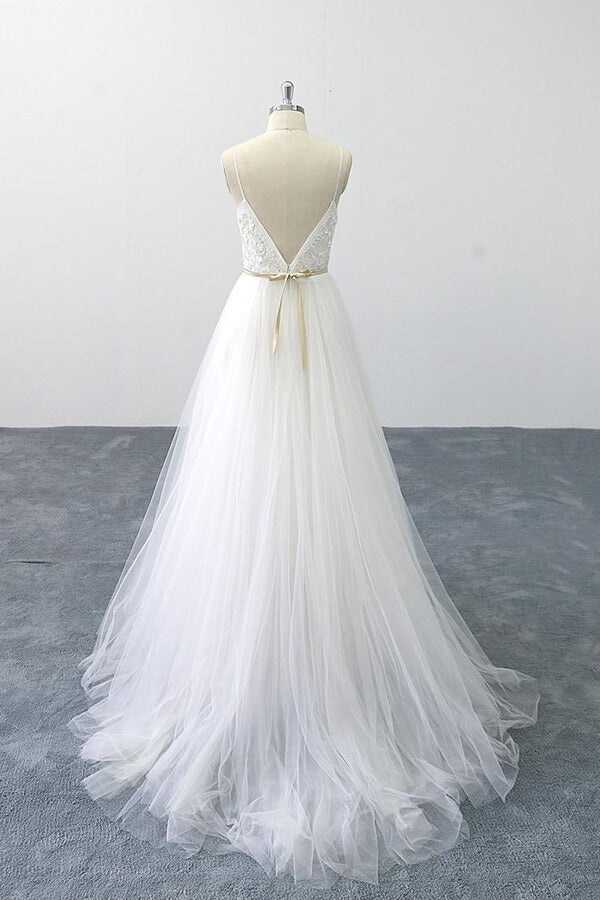 Chic Spaghetti Strap Appliques Tulle Wedding Dress On Sale