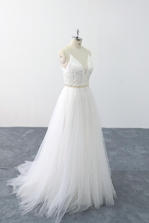 Chic Spaghetti Strap Appliques Tulle Wedding Dress On Sale