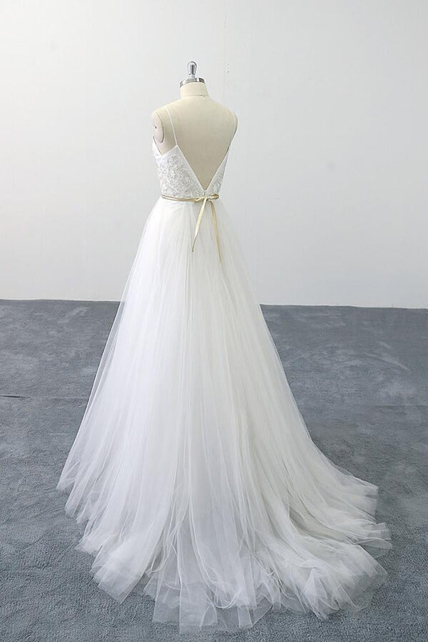 Chic Spaghetti Strap Appliques Tulle Wedding Dress On Sale