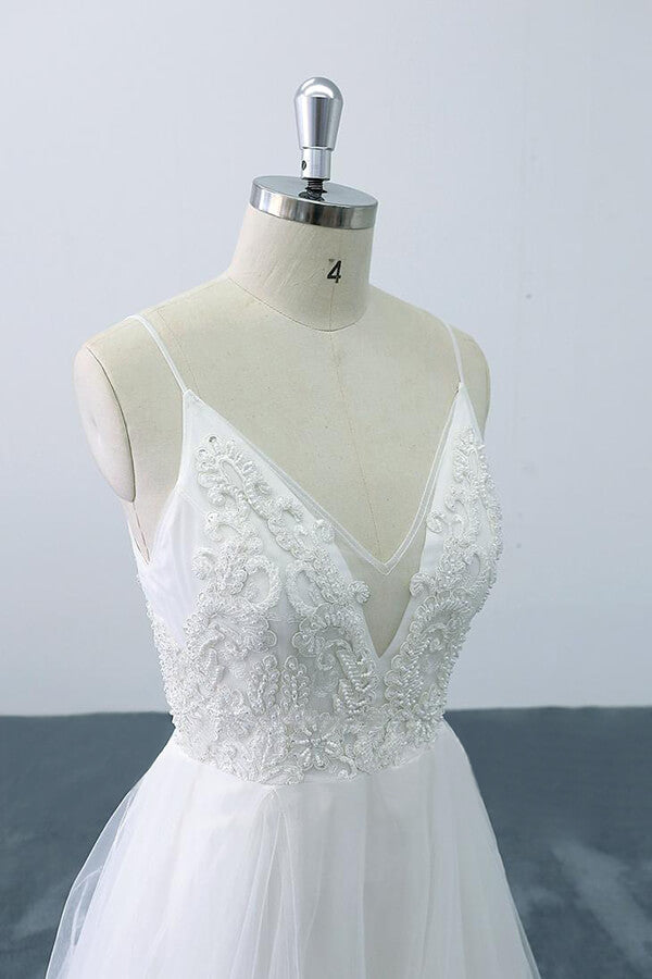 Chic Spaghetti Strap Appliques Tulle Wedding Dress On Sale