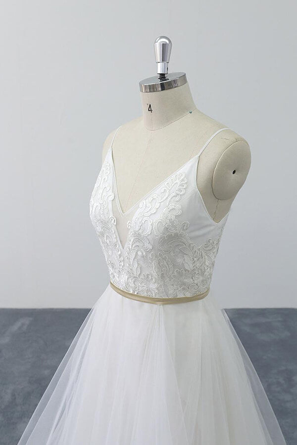 Chic Spaghetti Strap Appliques Tulle Wedding Dress On Sale