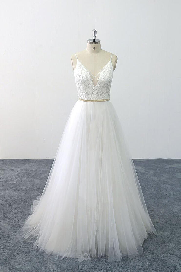 Chic Spaghetti Strap Appliques Tulle Wedding Dress On Sale