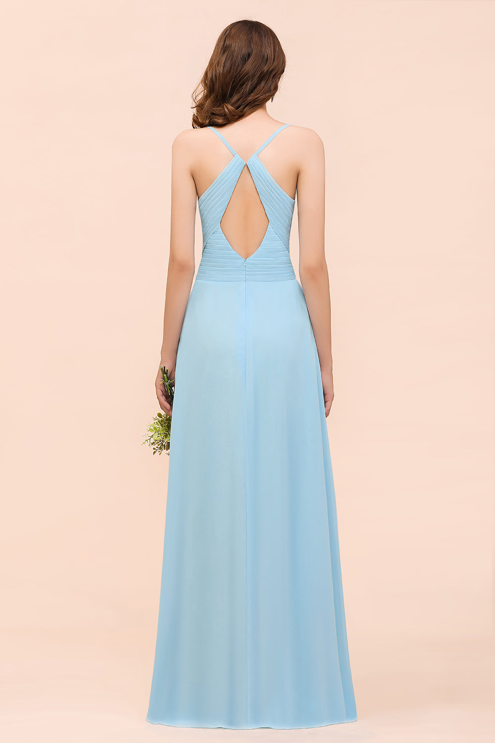 Chic Spaghetti Straps Ruffle Sky Blue Chiffon Bridesmaid Dress Online